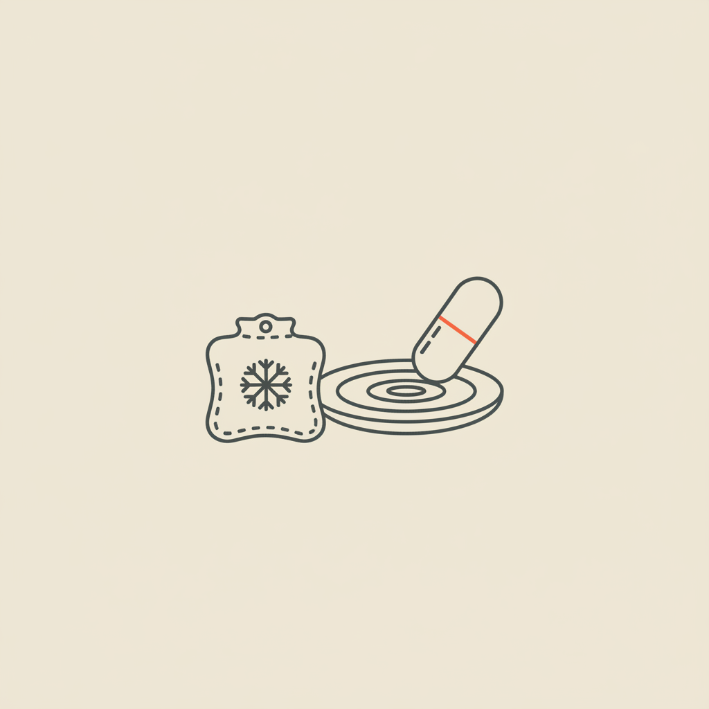 Minimalist line illustration of an ice pack, capsule, and small plate with water on beige background — visual for what not to do after a B12 injection