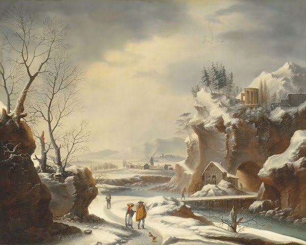 A snowy landscape with travellers by a river