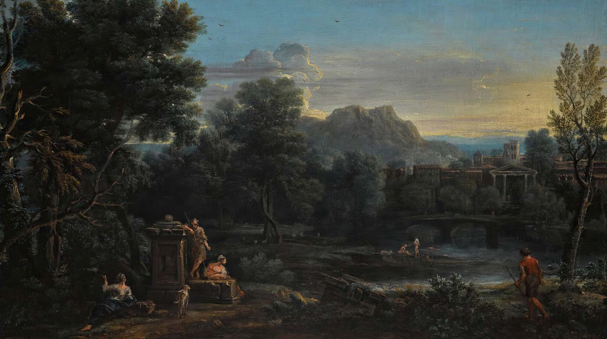 A wooded classical landscape with figures resting in the foreground and bathing