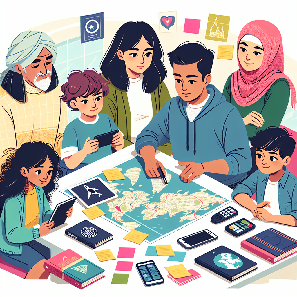 Ilustração de uma família planejando uma viagem em torno de uma mesa com mapas, notas adesivas e dispositivos eletrônicos