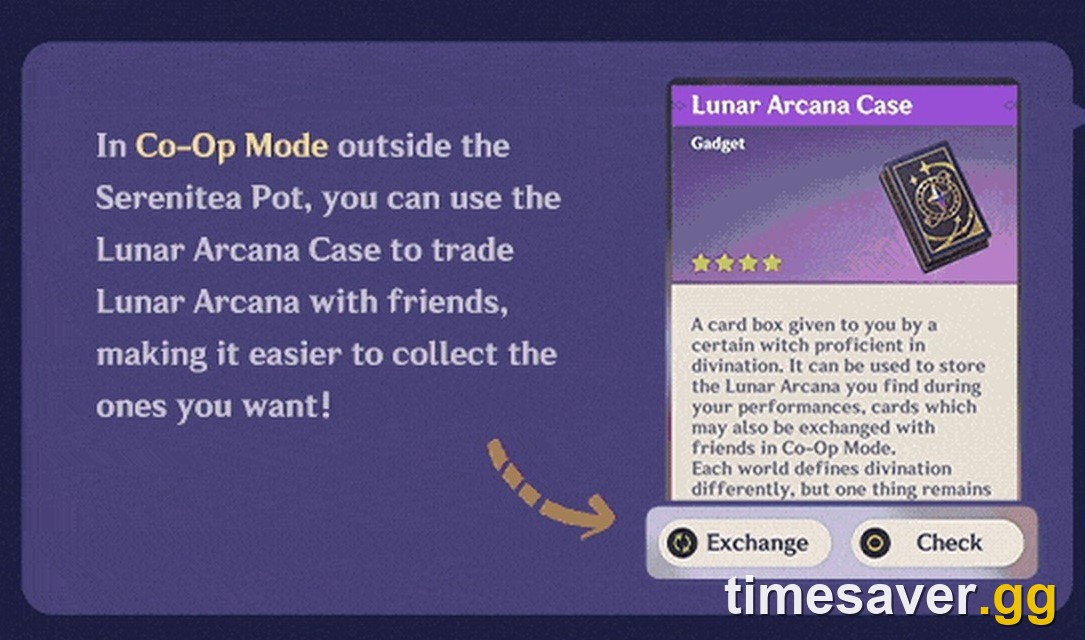 Lunar Arcana Case gadget card showing the Exchange and Check options for trading in Co-Op Mode