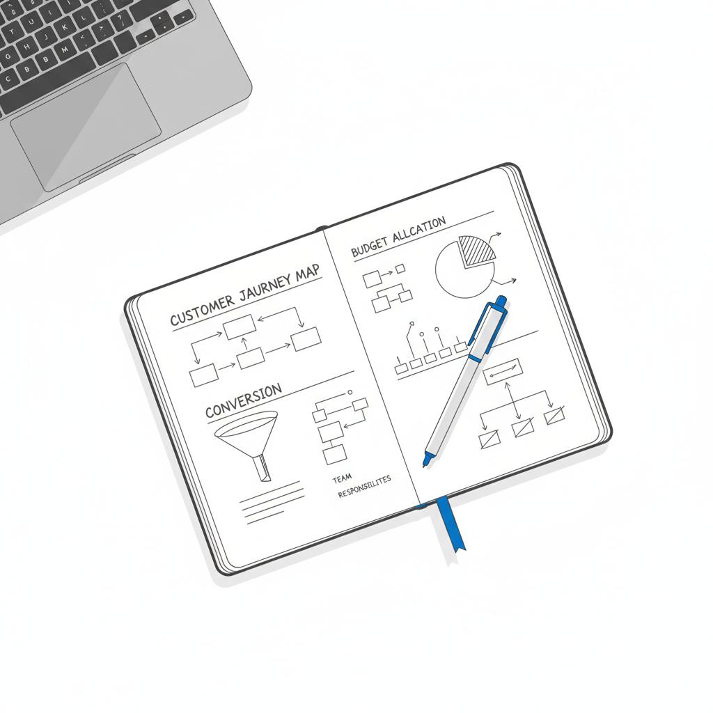 Top-down 2D vector of a clean workspace with an open notebook showing a sketched customer journey, pen with blue accent #1a5bfb, and laptop edge &mdash; How to set CPA in Google Ads