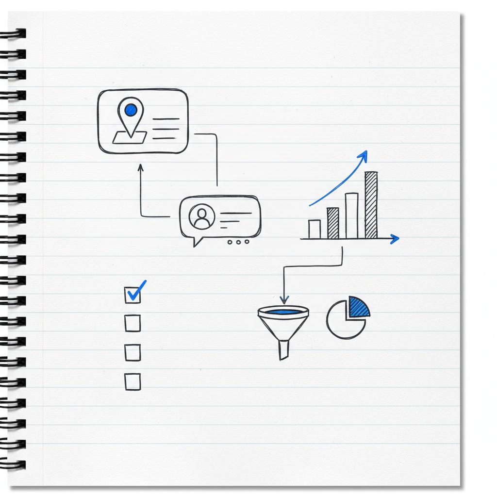 Minimal notebook sketch of a business-profile badge, a professional post bubble, and an upward monthly retainer chart &mdash; how do i market myself as a cpa