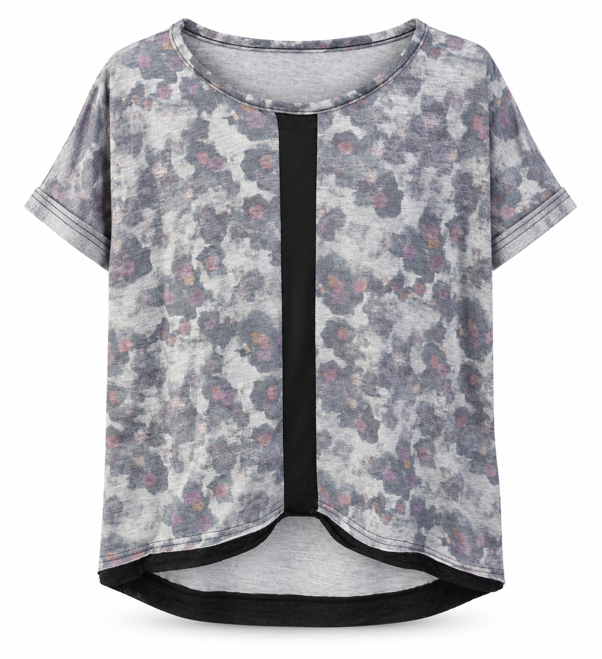 Dama - Tricou damă cu imprimeu floral abstract și detaliu negru - L