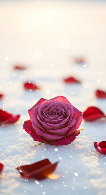 Dramatic Macro Shot of a Velvety Burgundy Rose Resting on White Snow - Free mobile Wallpaper