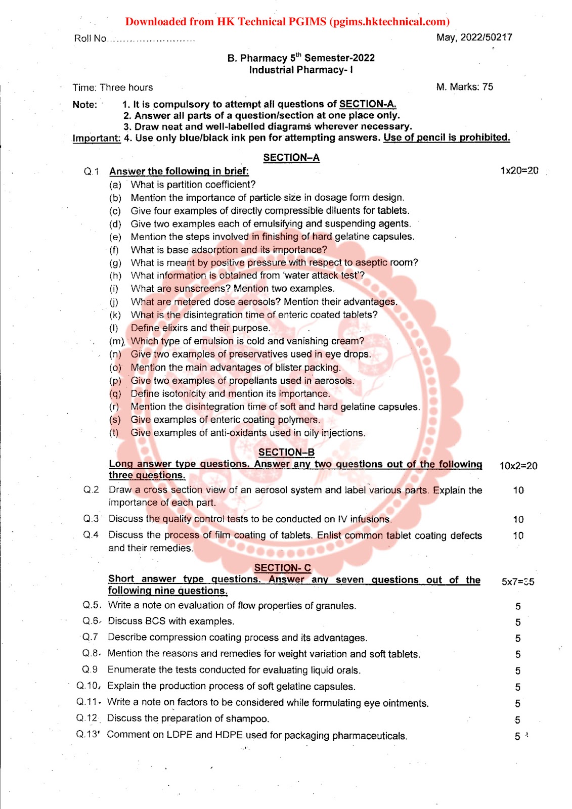 Industrial Pharmacy UHSR 5th Semester B.Pharmacy Previous Year's Question Paper,BP502T Formulative (Industrial) Pharmacy,BPharmacy,BPharm 5th Semester,Previous Year's Question Papers,Industrial Pharmacy,University of Health Sciences Rohtak (UHSR),Question paper,