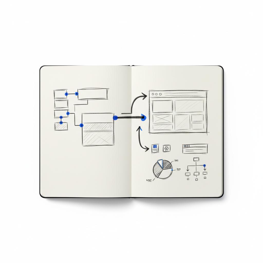 Top-down workspace sketch of a sitemap, landing page wireframe and migration arrows on white background in minimalist Agency Visible style &mdash; best website builder 2025
