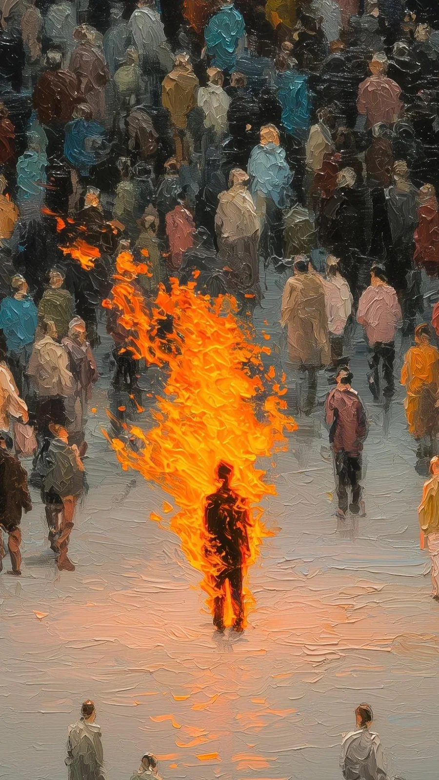 Figure Burning Within A Crowd - Impasto Oil Painting iPhone Wallpaper (919x1634)