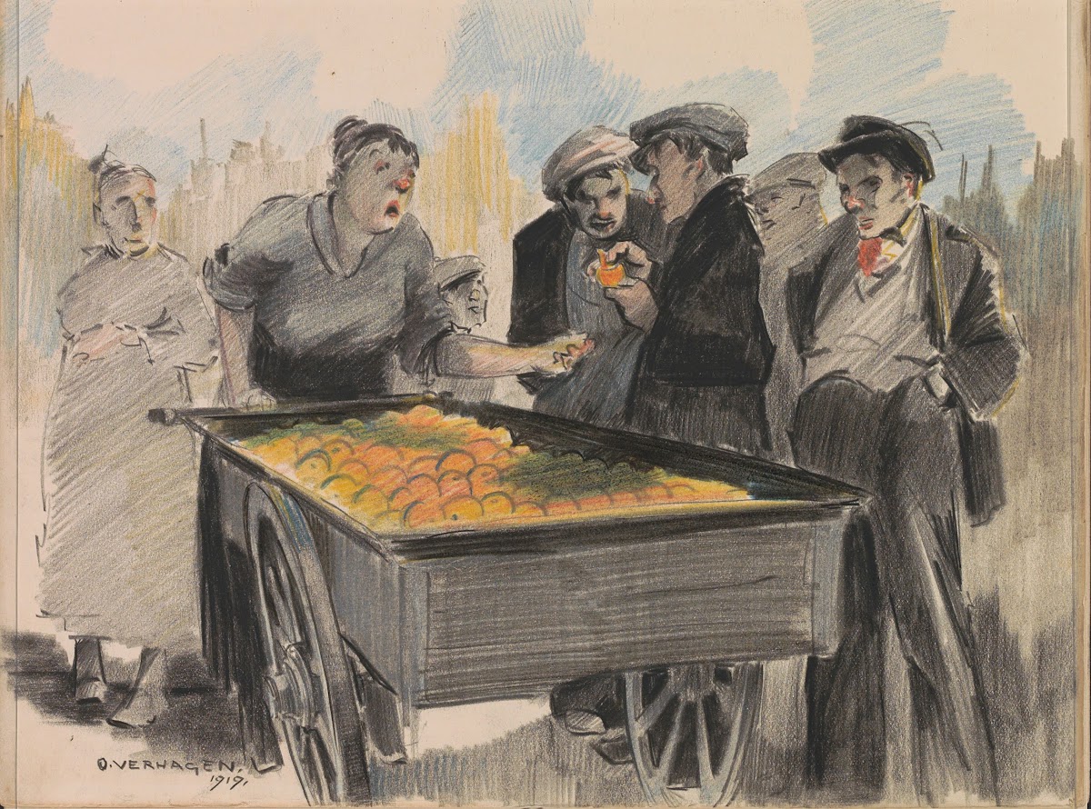 Bystanders at an orange seller 1919