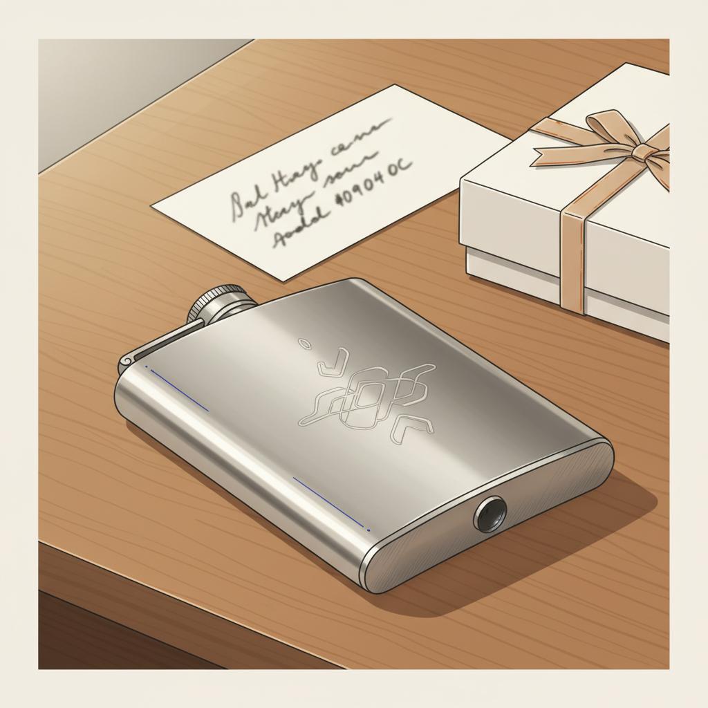 Nahaufnahme eines gravierten Metallgeschenks auf Holztisch mit handgeschriebener Karte und edler Verpackung – geschenkideen zum firmenjubiläum
