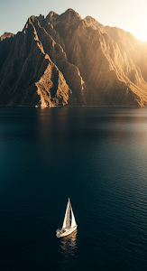 Cinematic Sailboat on Dark Water with Massive Cliffs Landscape