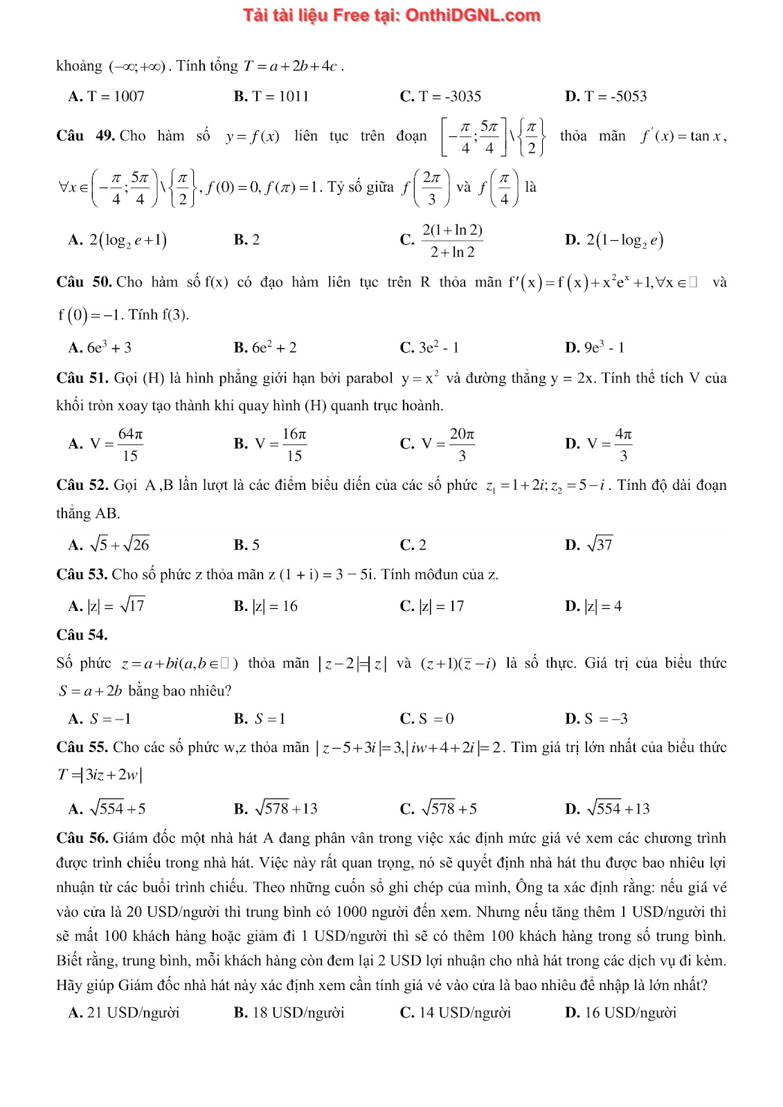475 bài tập môn Toán - Ôn thi ĐGTD ĐH Bách Khoa Hà Nội Phần 14