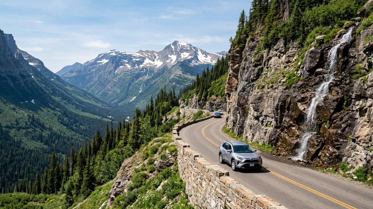 Going-to-the-Sun Road winding through Glacier National Park alpine scenery