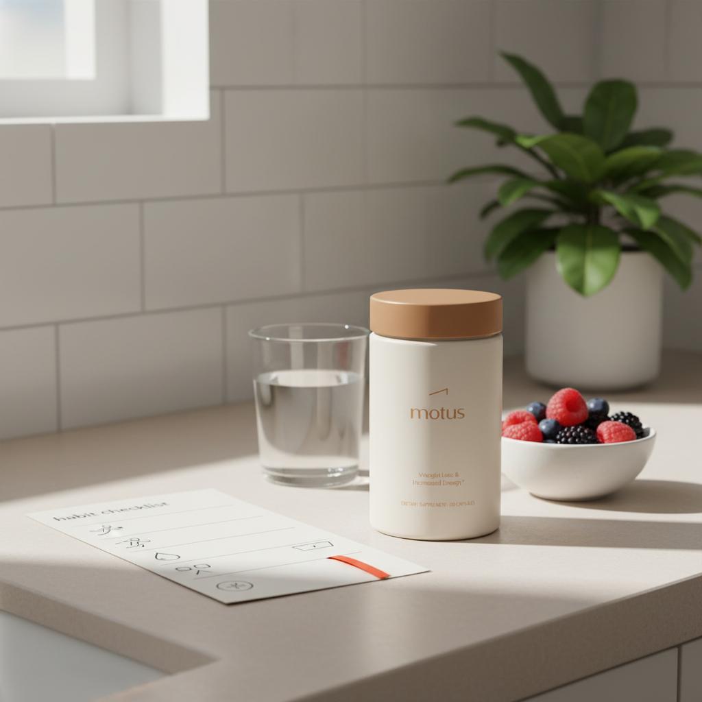 Minimal kitchen counter scene with Tonum Motus supplement container beside a folded habit checklist, bowl of berries and glass of water for a metabolic coach article.