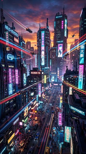 Futuristic Cyberpunk Cityscape at Dusk with Neon Lights - Free mobile Wallpaper