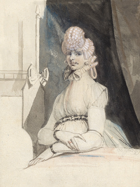 Mrs Fuseli an einem Tisch vor Nische mit Vorhang 1799