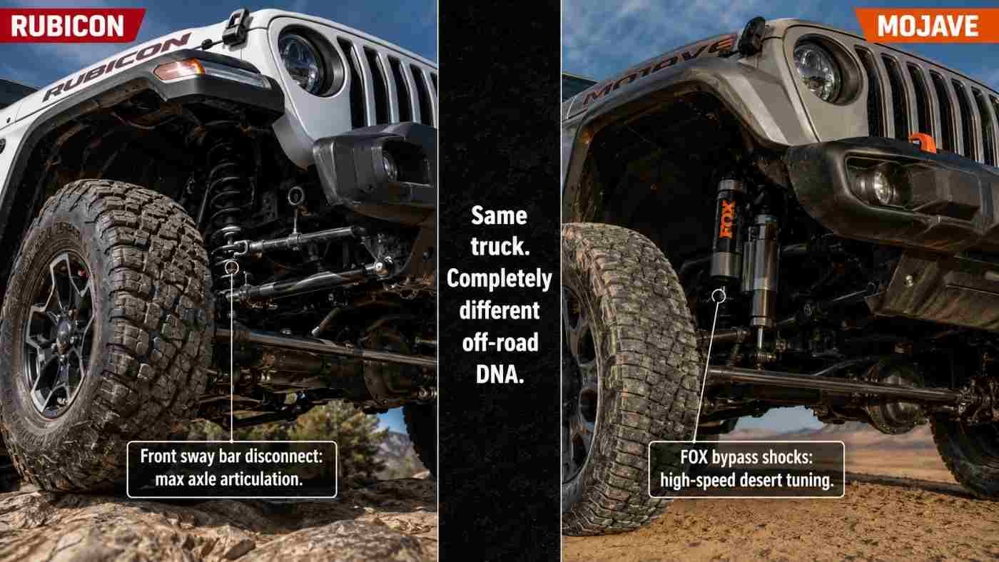 Jeep Gladiator Rubicon vs Mojave suspension comparison showing rock-crawling articulation and desert-tuned FOX shocks.