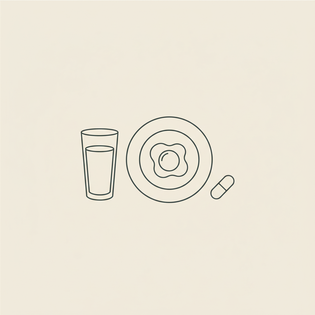 Minimalist Tonum-style 2D line illustration of a centered plate with an egg, a small capsule and a water glass on a beige background — why is belly fat so hard to lose?