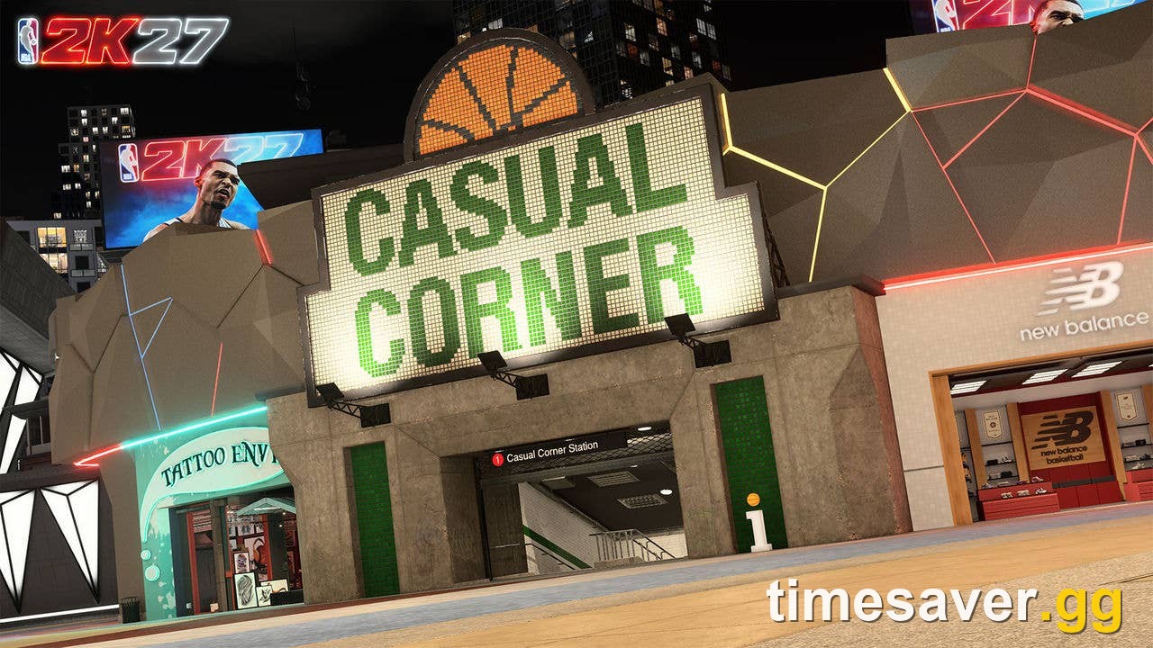 NBA 2K27's new Casual Corner hub in The City, a rookie-friendly area shown in the game's nighttime neon aesthetic