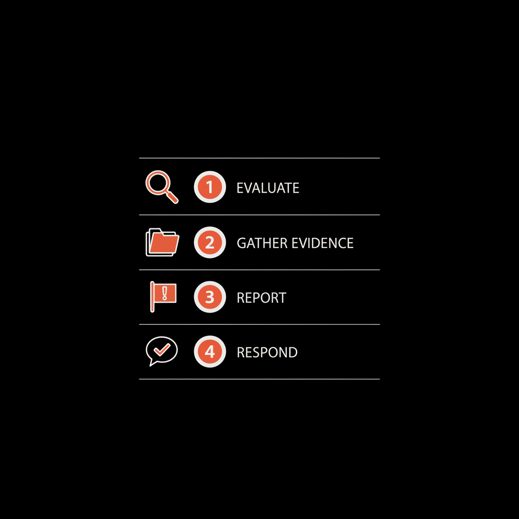 Minimal infographic checklist on dark background showing four steps: Evaluate, Gather evidence, Report Google review, Respond, with simple vector icons and brand colors.