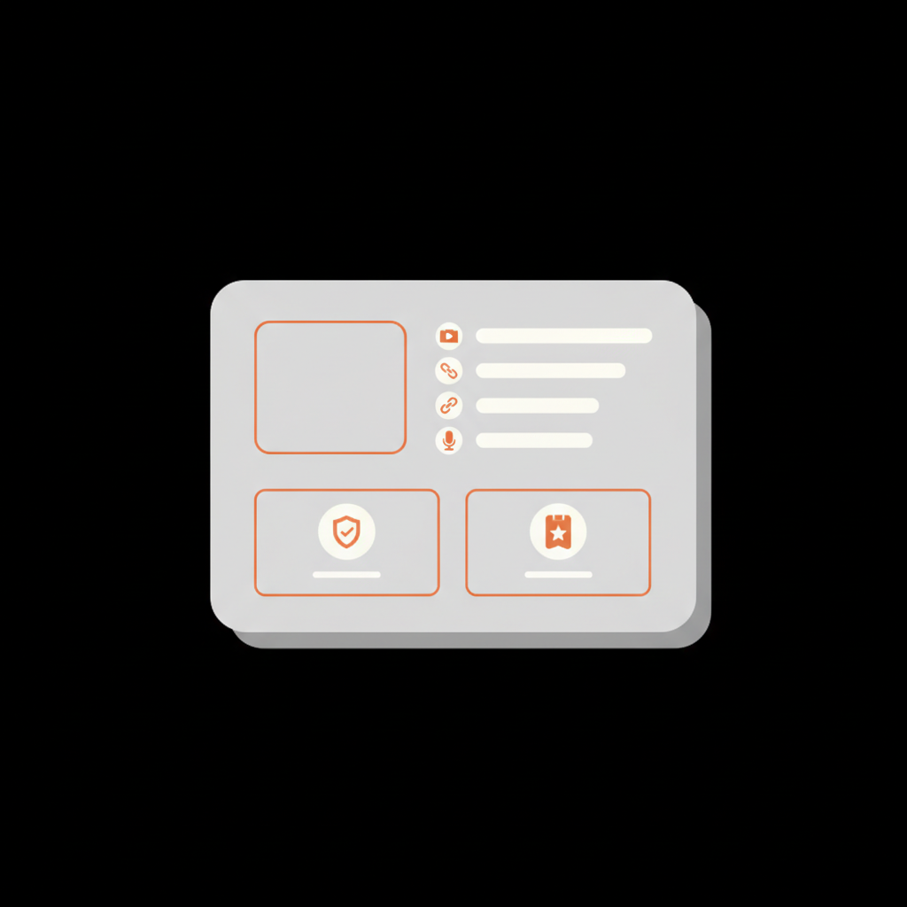 Minimal 2D vector press-page mockup card on black background with icon tiles, placeholder content bars and orange accents illustrating Instagram verification requirements