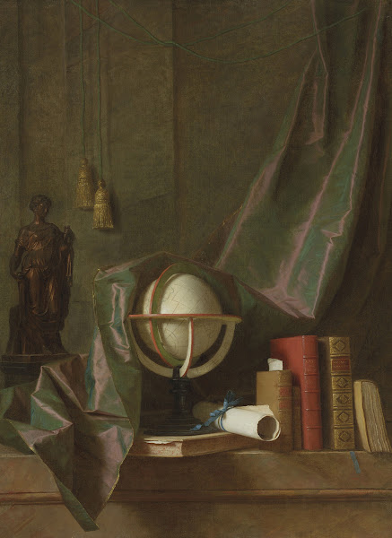 A globe books and statuette on a ledge in an interior veiled by a curtain