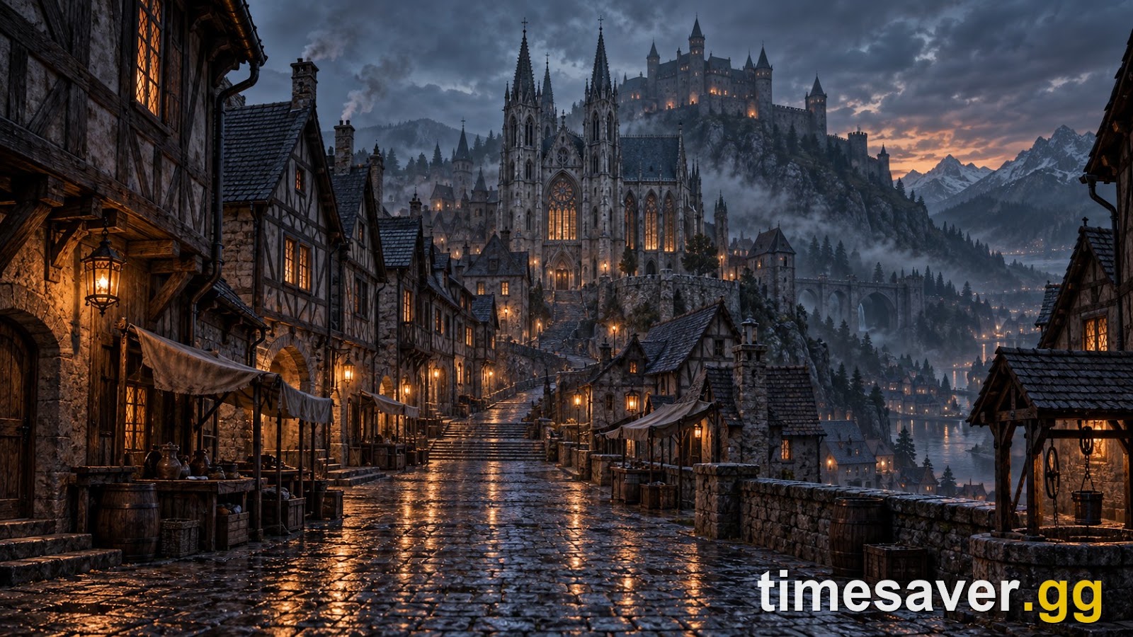 A medieval Carpathian town street at dusk beneath a cathedral and hilltop castle