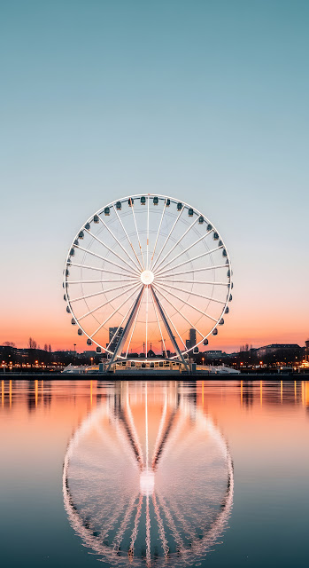 Waterfront Ferris Wheel Sunset Reflection Pastel Sky City - Free mobile Wallpaper