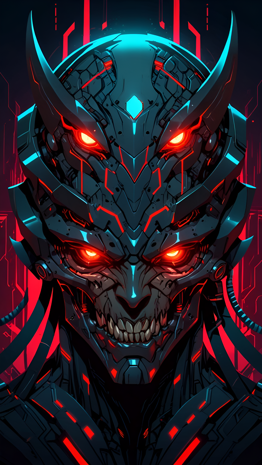Cybernetic Oni Mask Portrait with Neon Red Glowing Eyes - Free 4K mobile Wallpaper
