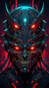 Cybernetic Oni Mask Portrait with Neon Red Glowing Eyes