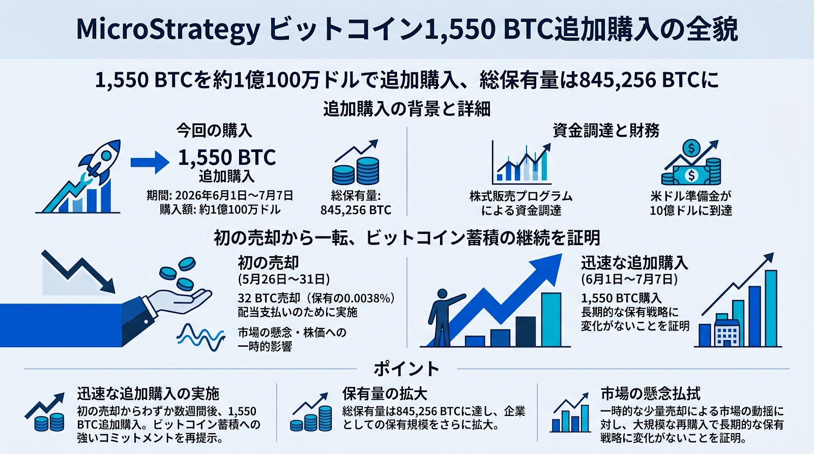 MicroStrategyが1,550 BTCを約1億100万ドルで追加購入、総保有量は845,256 BTCに