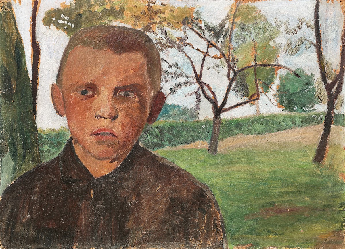 Brustbild eines Jungen vor Apfelbäumen 1901