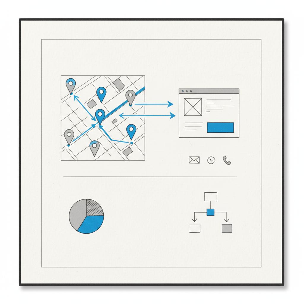 Hand-drawn notebook sketch of a local map with neighborhood pins, arrows to a landing page wireframe, and email and phone icons for lead generation for small businesses