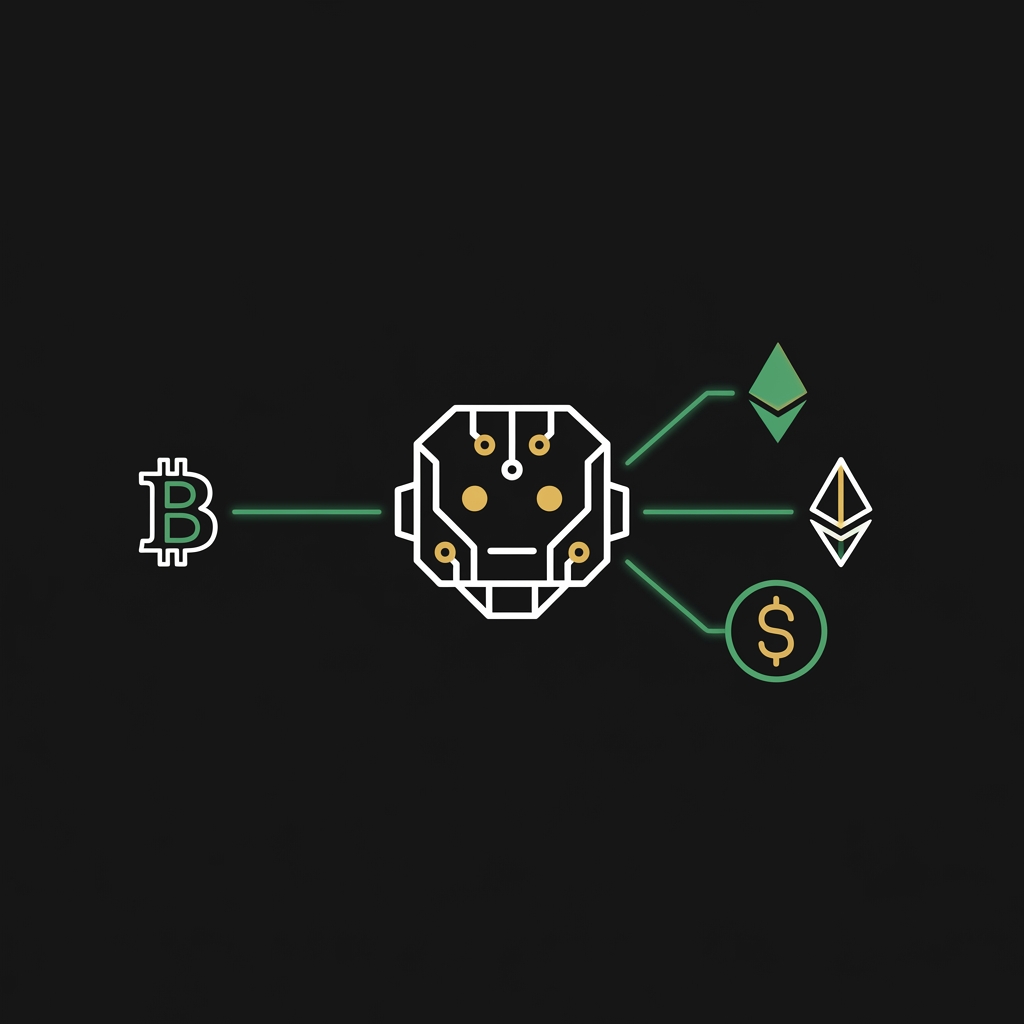 Minimal flat trading bot icon connecting to multiple exchange symbols via API lines on dark background in Finance Police brand colors best automated crypto trading platform