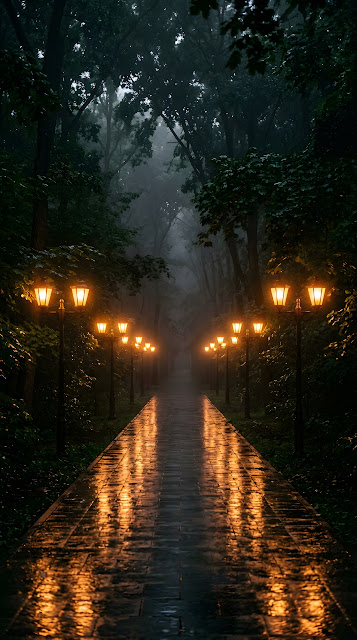 Symmetrical View of a Wet Park Path Lined with Glowing Lanterns in the Fog - Free mobile Wallpaper