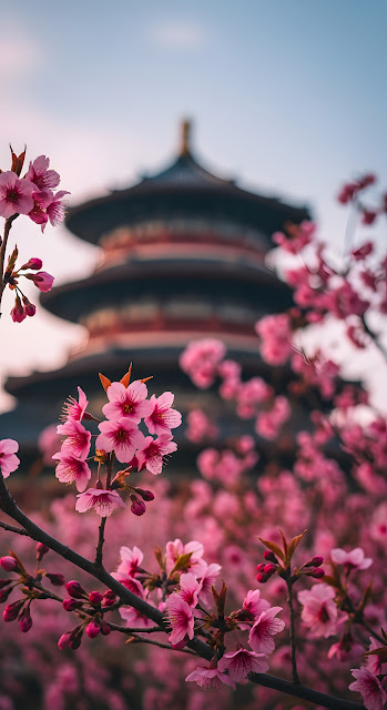 Pink Cherry Blossoms Foreground Traditional Asian Pagoda - Free mobile Wallpaper