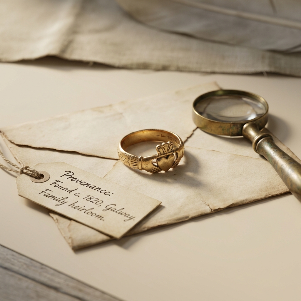 Minimalist period still life showing an ancient claddagh ring on a folded letter with a small provenance tag and magnifier on warm Aurora Antiqua beige background