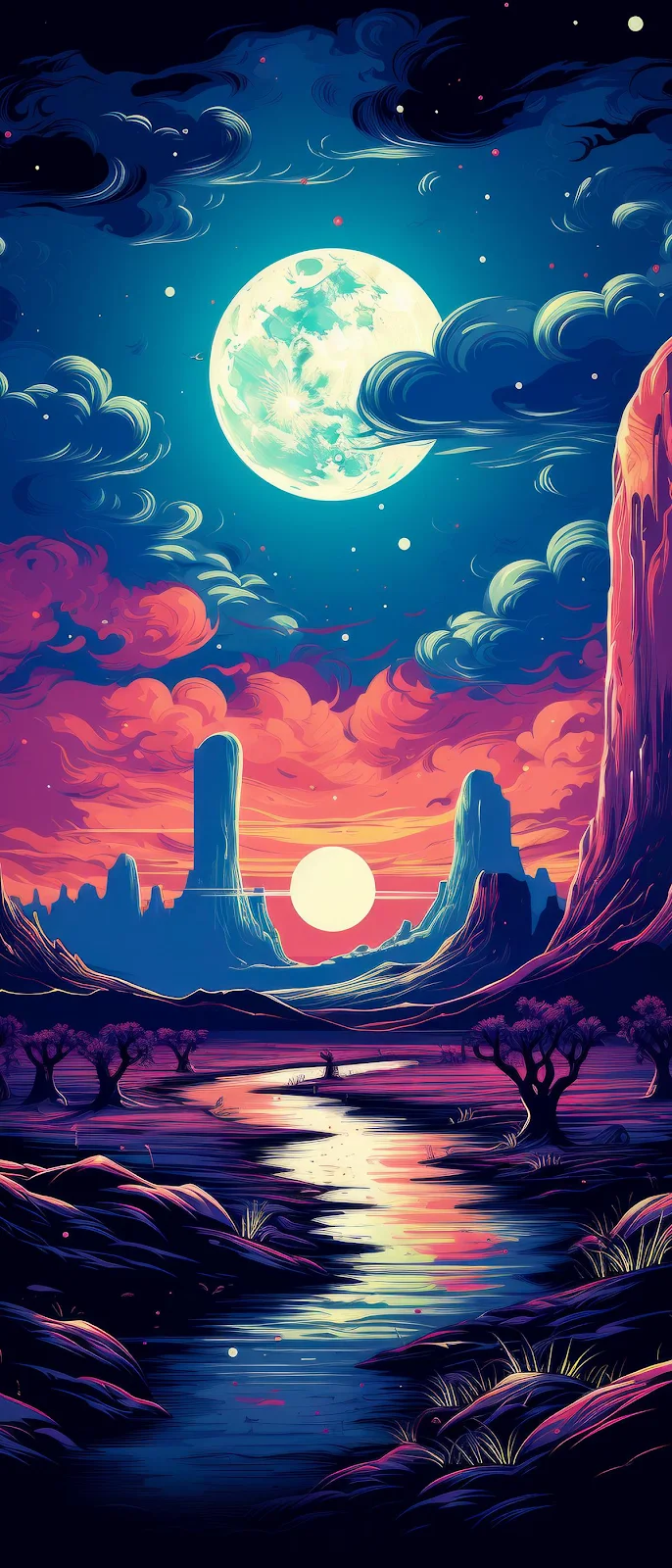 Surreal Alien Landscape At Night - Digital Illustration Full HD iPhone Wallpaper (1200x2800)