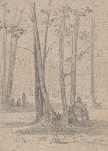 Man sitting in a chair among a cluster of trees others nearby 1840 1860