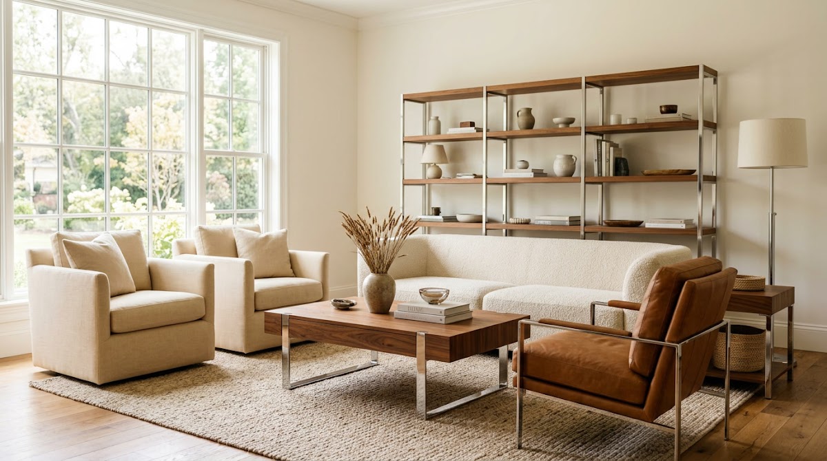 How to Balance Chrome and Walnut for a Warm Modern Living Room - chrome accents used in living room bedroom and dining room