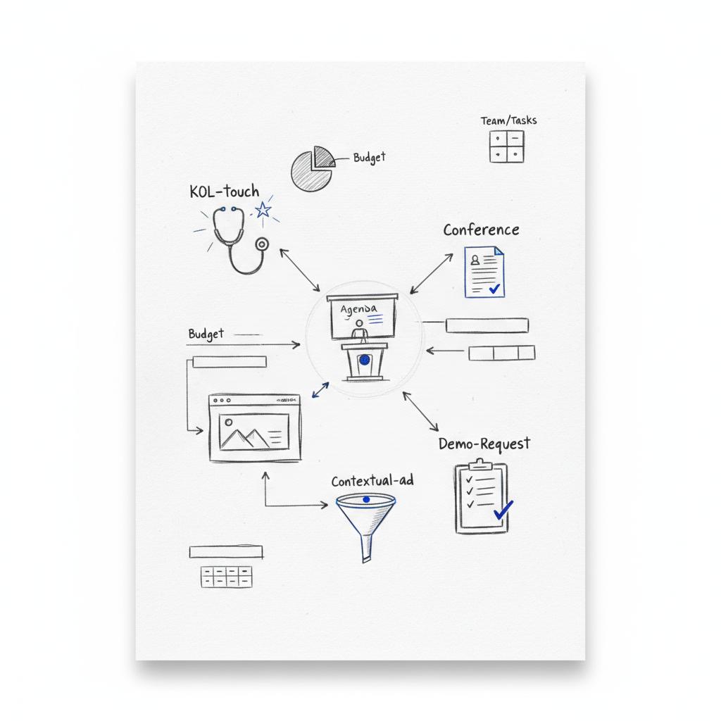 Minimalist sketched campaign flow on white notebook paper showing charcoal nodes and blue accents for KOL, conference, contextual ad and demo request &mdash; marketing to physicians