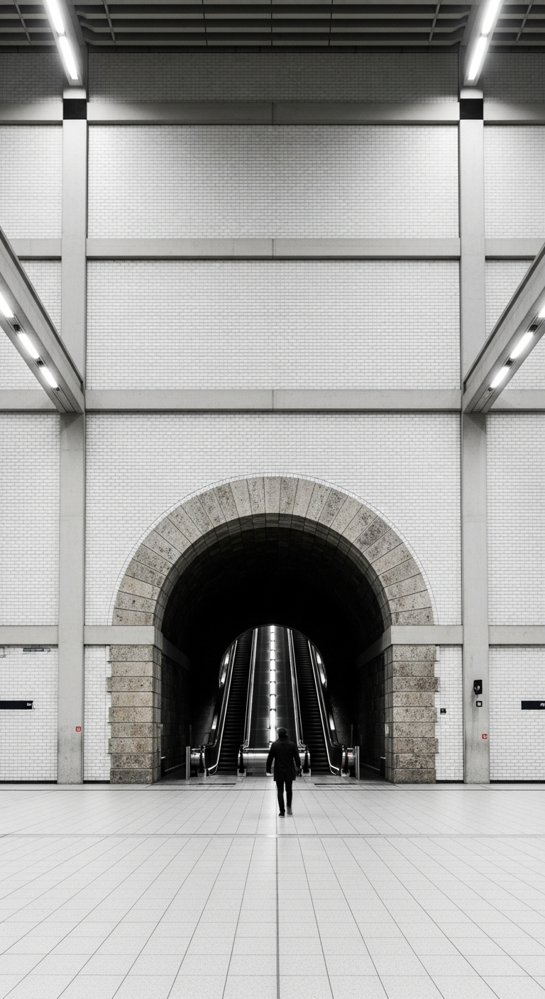 Symmetrical View of a Person Walking Under a Stone Archway in a Modern Underground Station - Free 4K mobile Wallpaper