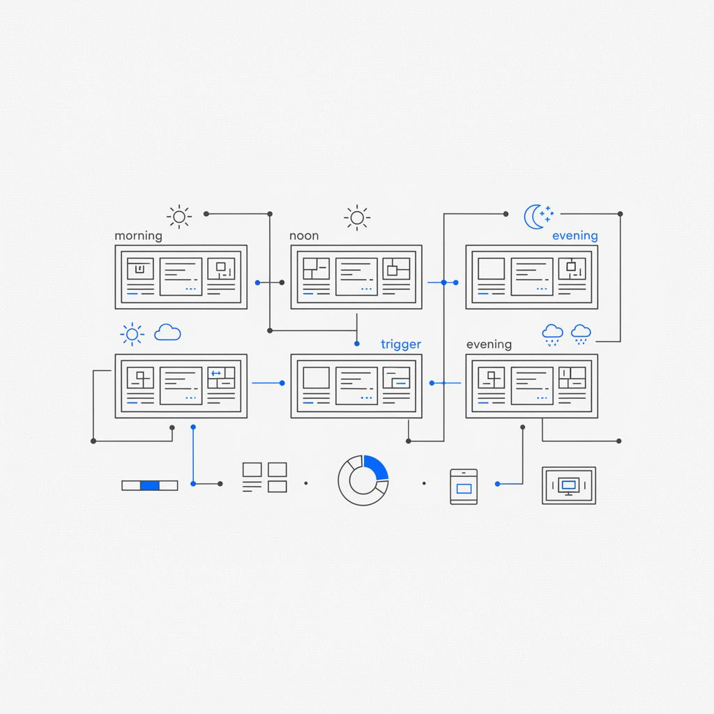 Minimalist 2D vector sketch of OOH advertising screen mockups showing morning, noon and evening dayparts with weather icons and connector lines on a white paper background