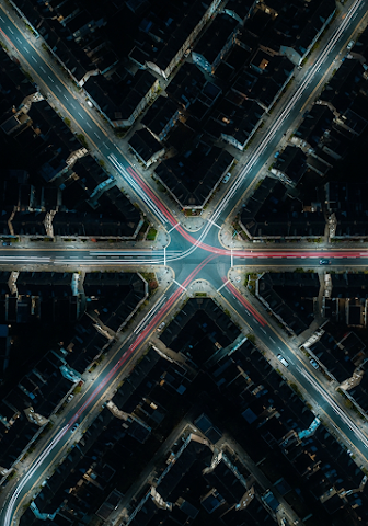 Aerial View of Urban Streets at Night