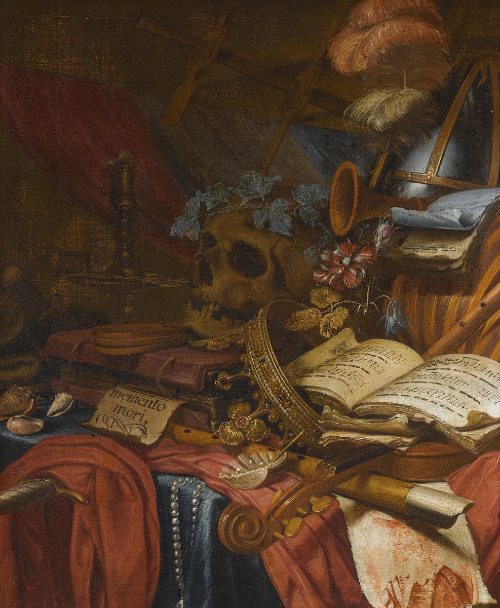 A Vanitas Still Life With A Flute A Skull Music Sheets A Gold Crown A Dagger She
