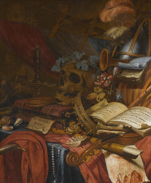 A Vanitas Still Life With A Flute A Skull Music Sheets A Gold Crown A Dagger She