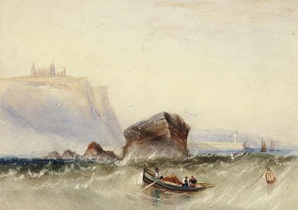 Three Men in Rowboat off Rocky Coast