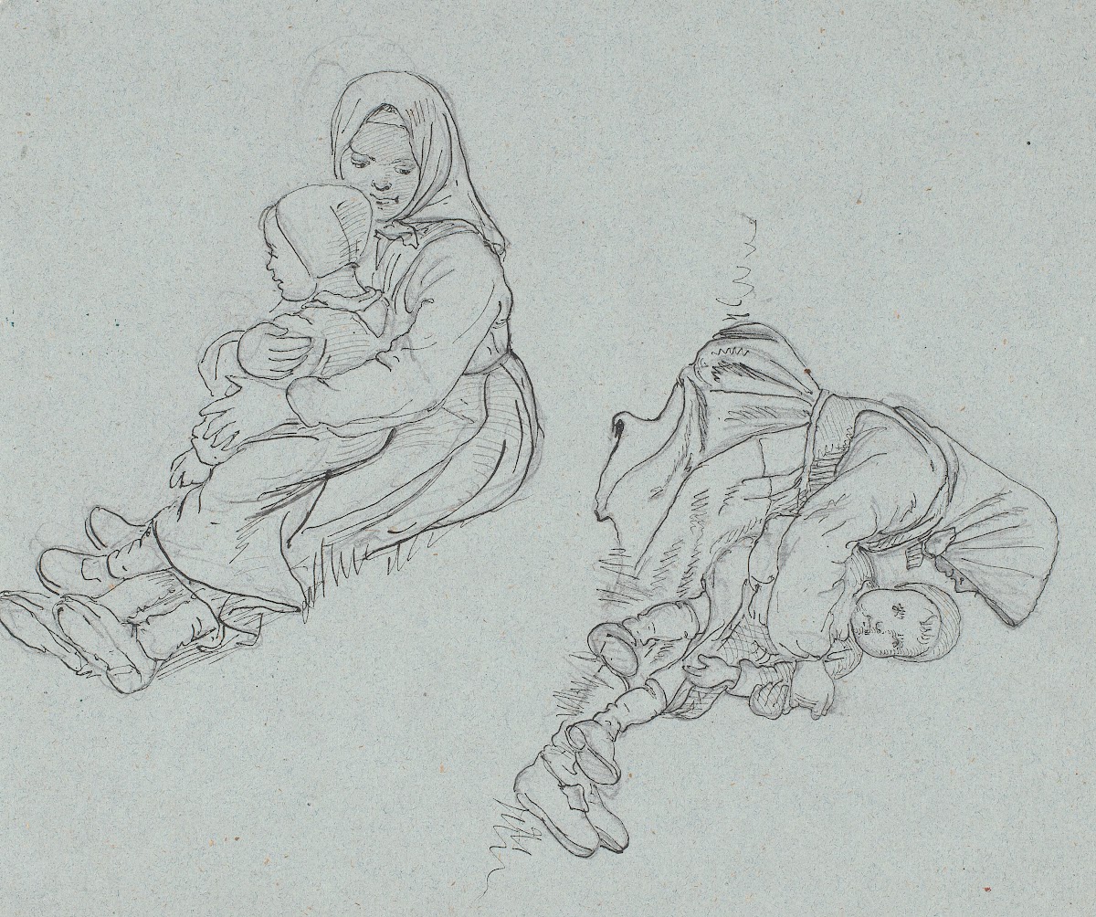 To studier af svensk pige med et barn på skødet 1851