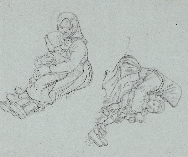To studier af svensk pige med et barn på skødet 1851
