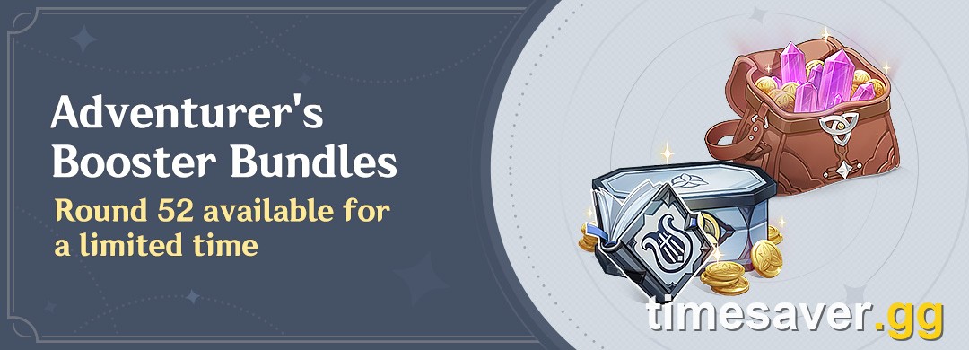Adventurer's Booster Bundles Round 52 banner showing Primogems, a supply box and Mora